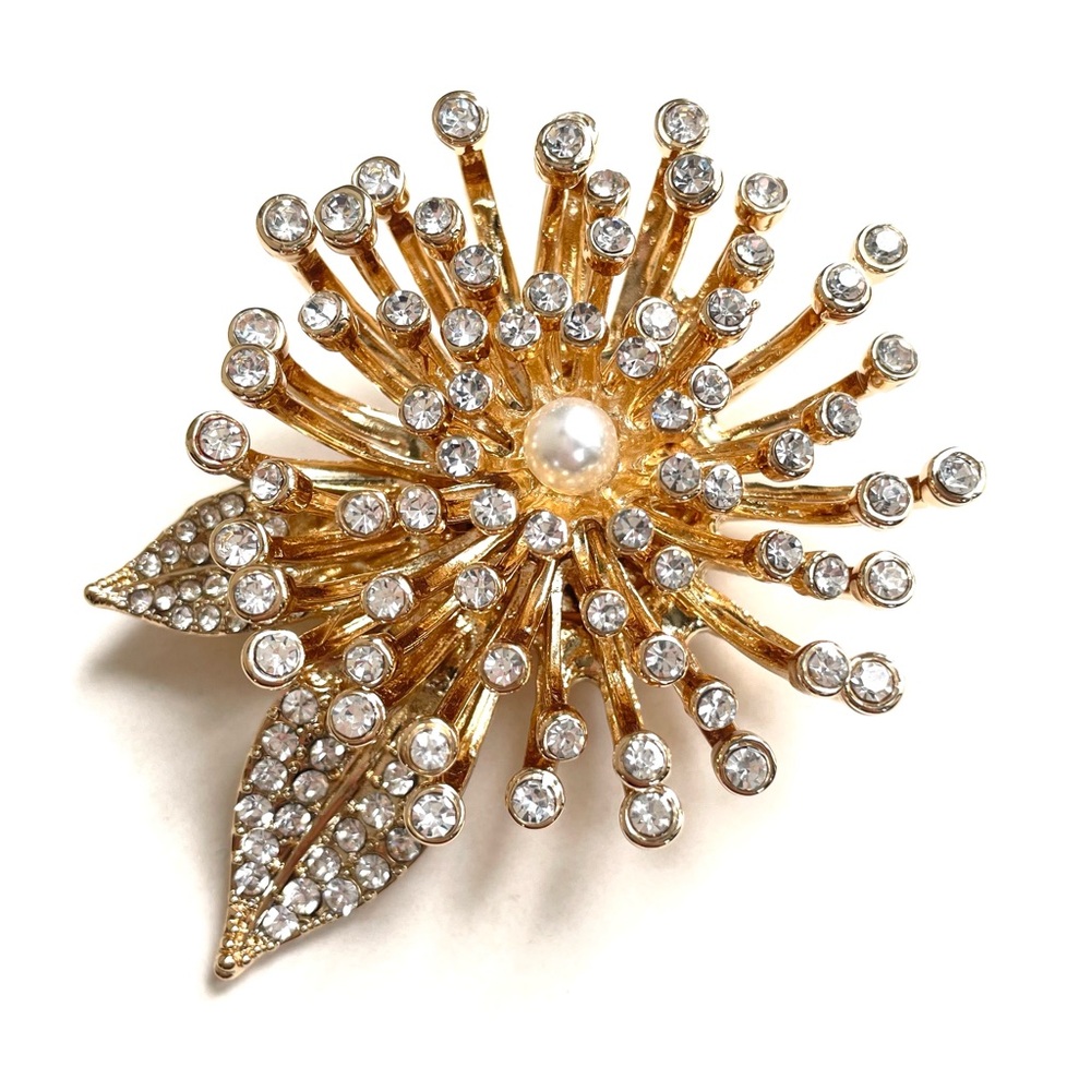 ANNE KLEIN Large Flower Burst Gold Tone & Crystals Signed Designer Brooch